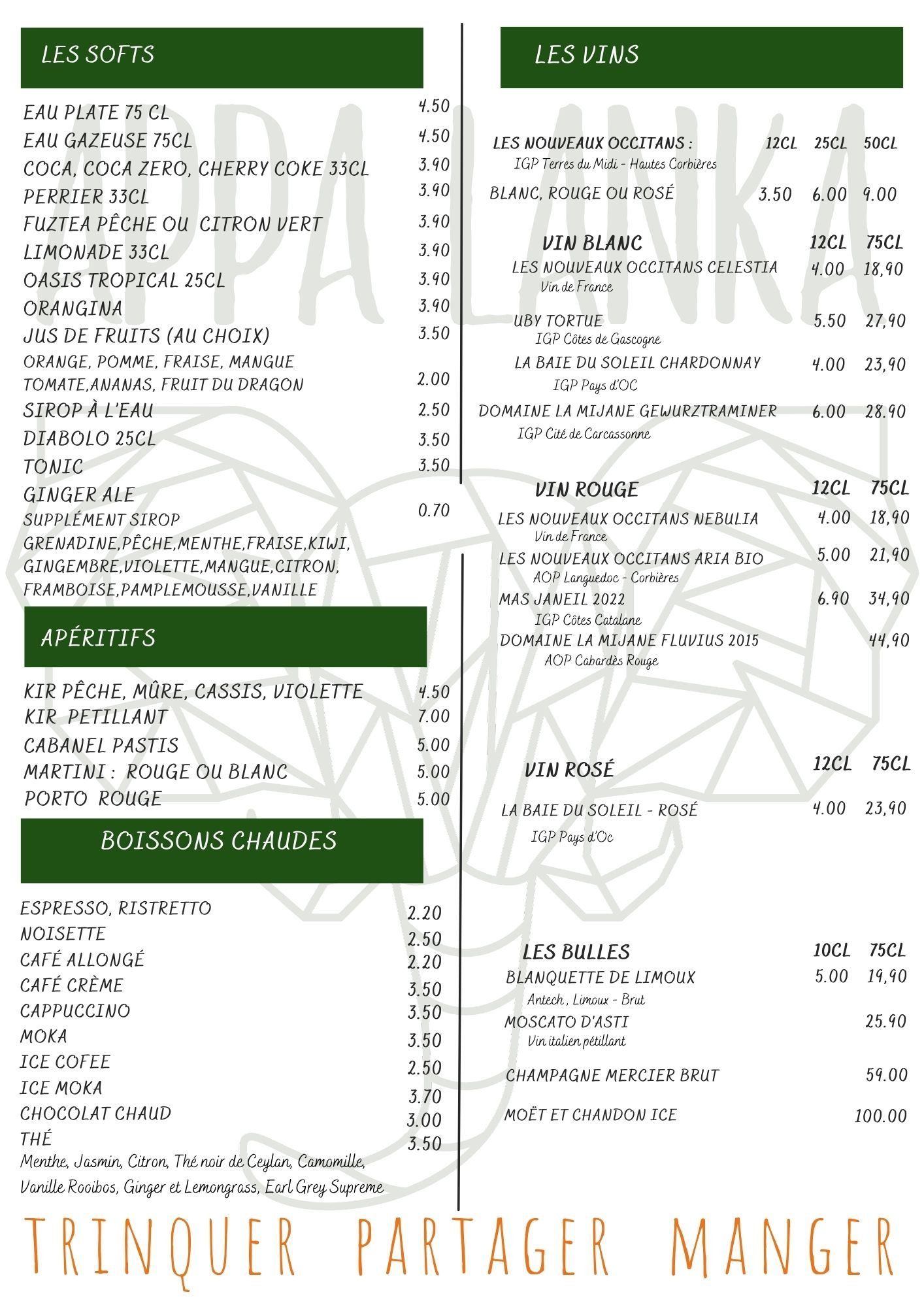 Drinks menu, page 1: soft drinks, aperitifs, hot drinks, white, red and rosé wines, sparkling wines, with prices