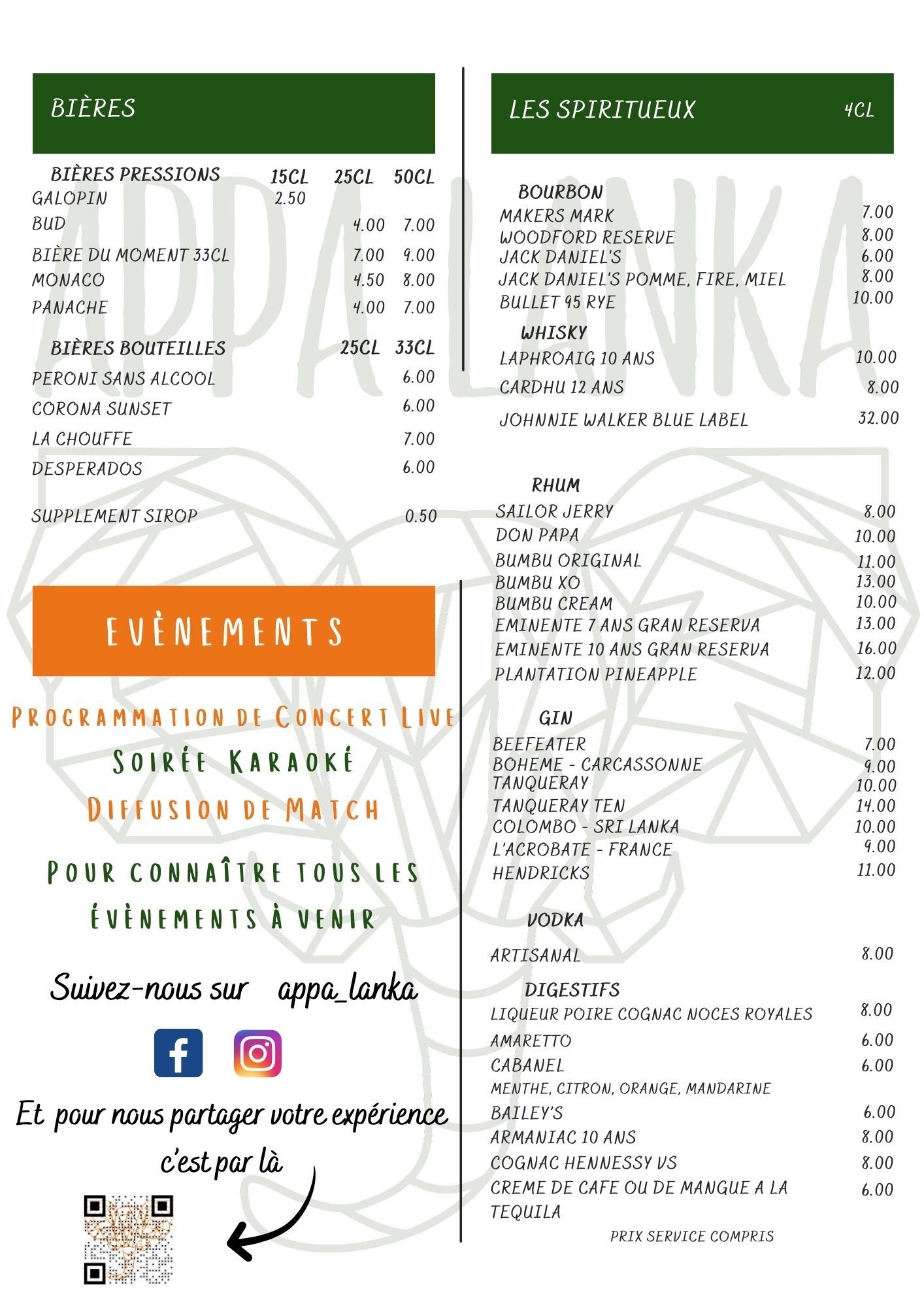 Drinks menu, page 2: draught and bottled beer, bourbon, whisky, rum, gin, vodka and digestifs, with prices