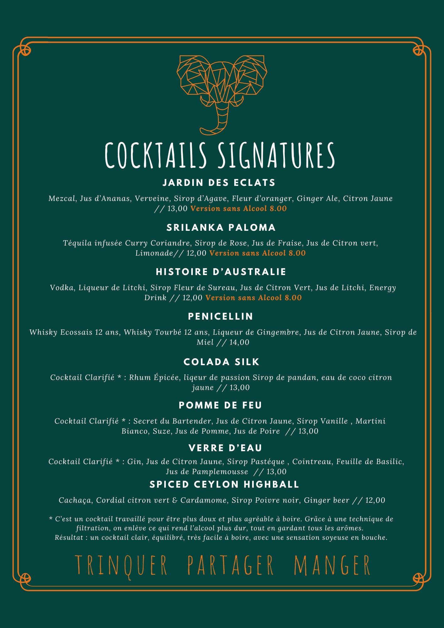 Carte des cocktails signatures : créations maison avec leurs ingrédients et leurs prix, versions sans alcool comprises