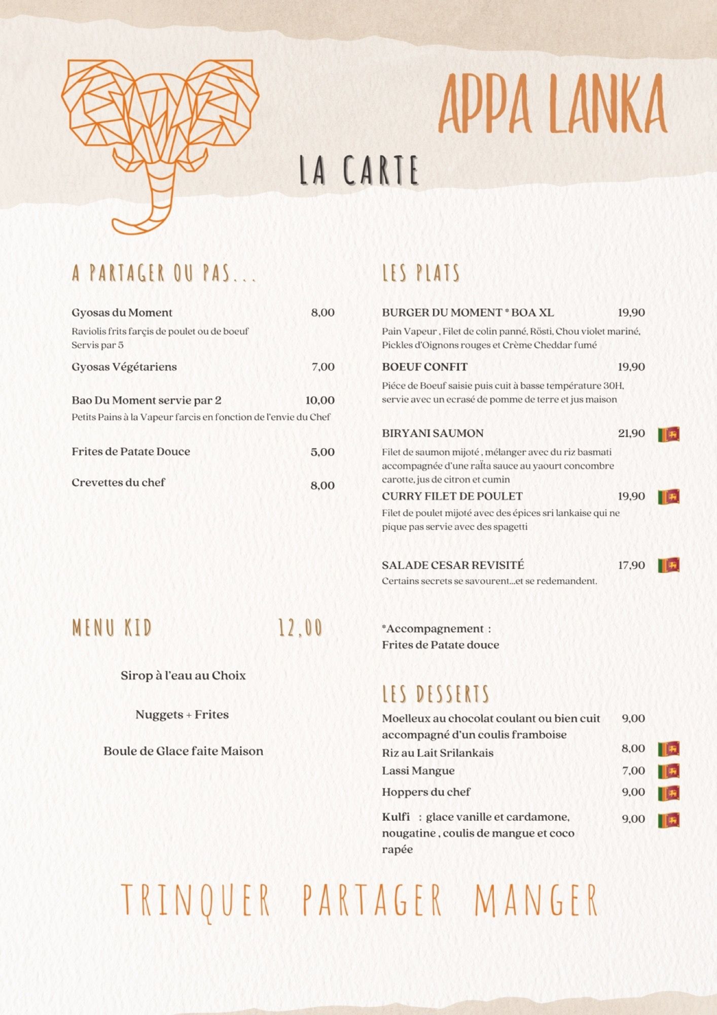 Carte du soir : assiettes à partager, plats, desserts et menu enfant, avec les prix ; les spécialités sri-lankaises sont marquées d’un drapeau